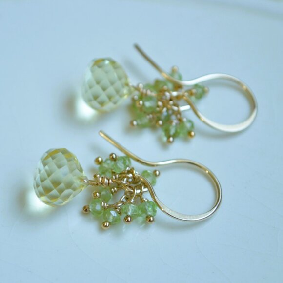 Lemon Quartz Earrings with Peridot Gemstones - Picture 2 of 10